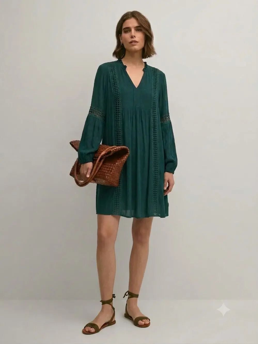 Knox Rose Green Boho Peasant Dress M Long Sleeve Crochet Lined Rayon Fall Casual